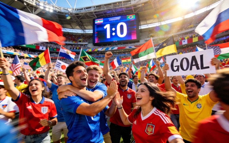 世界杯比赛现场球迷热烈庆祝进球的壮观场面